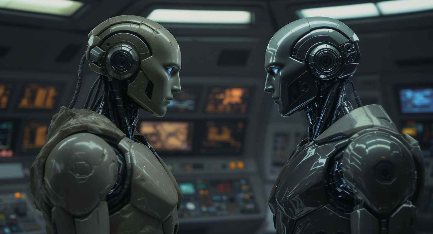 Zwei Roboter stehen sich auf der Brücke eines Raumschiffs  Zwei Roboter stehen auf der Brücke eines Raumschiffs